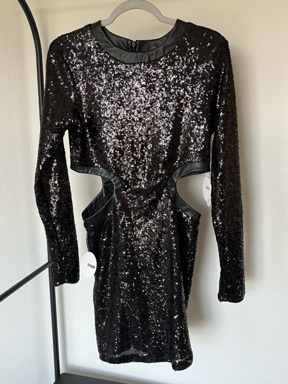 NWT STAUD | Dolce Long Sleeve Sequin Cutout Mini Dress in Black | Size Large - Picture 3 of 11
